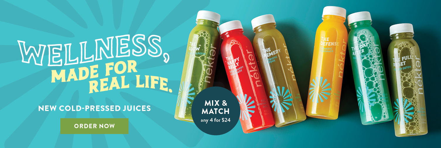 Bottles of cold-pressed juices with a promotional banner on a blue background. Wellness made for real life showing 6 nekter bottled juices. click to order at order.nekterjuicebar.com