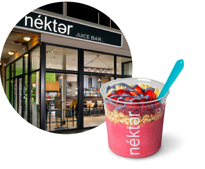 Nekter juice Bar storefront and a raspberry bowl with blue spoon