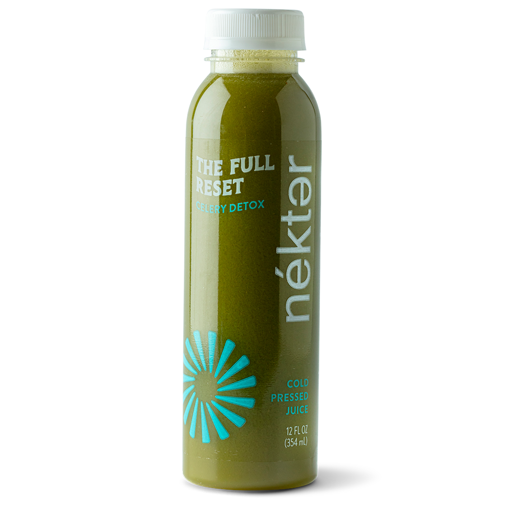 The Full Reset Celery Detox Green juice in a bottle