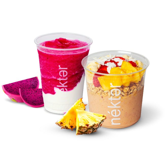 Pink Smoothie and Mango Bowl with fruit