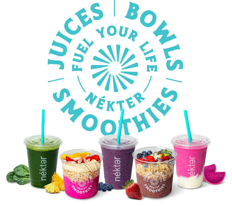 Juices Smoothies Bowls logo with 3 smoothies and 2 acai bowls. Click to order