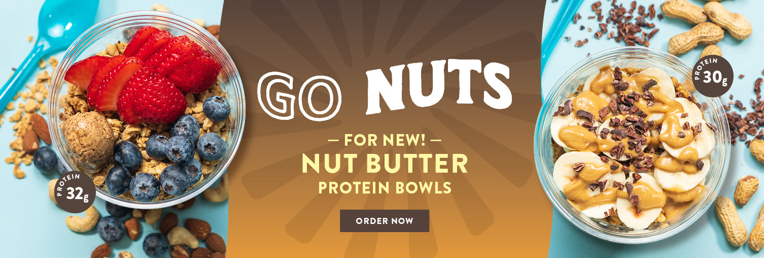 Advertisement for nut butter protein bowls with two bowls of toppings on a brown background.