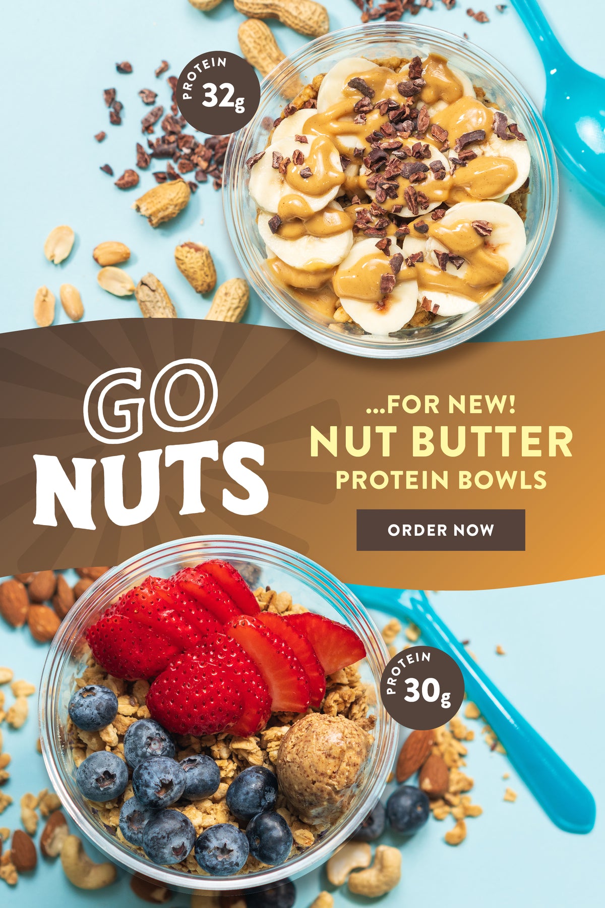 Advertisement for nut butter protein bowls with text overlay on a blue background
