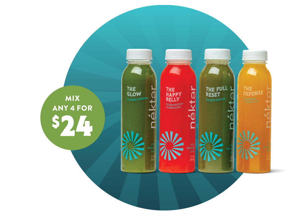 Mix and match 4 for $24 neker bottles - four juice bottles shown