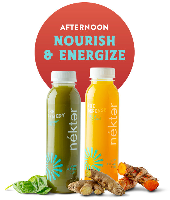 Two bottles of nékter juice, one green and one orange, with ingredients and promotional text on a white background.