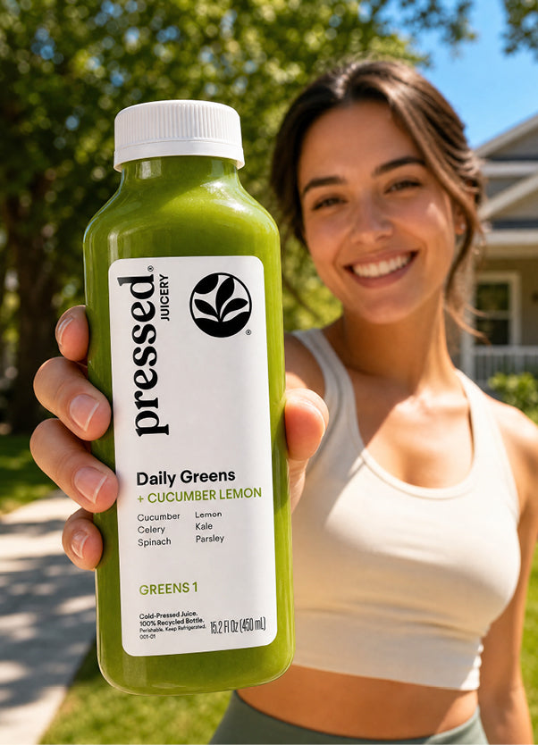 Woman holding a bottle of 'pressed' Daily Greens Cucumber Lemon juice outdoors.