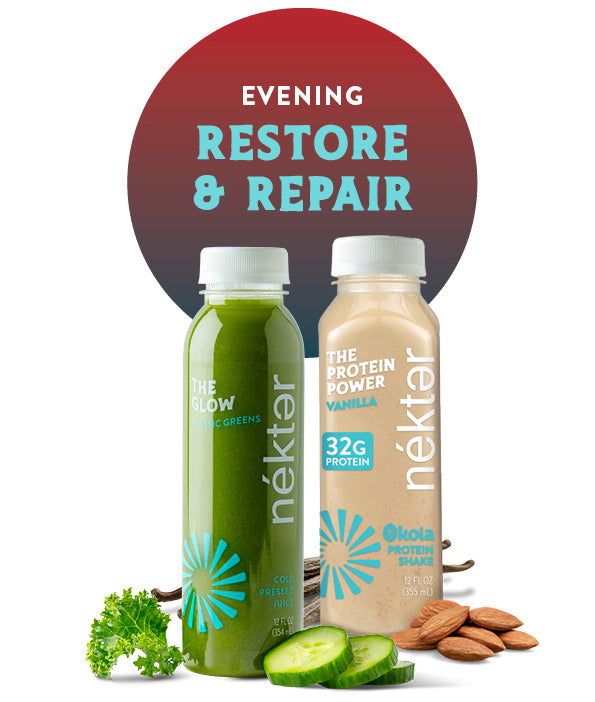 Two Nékter bottles, one green and one vanilla, with ingredients and text about evening restore and repair.