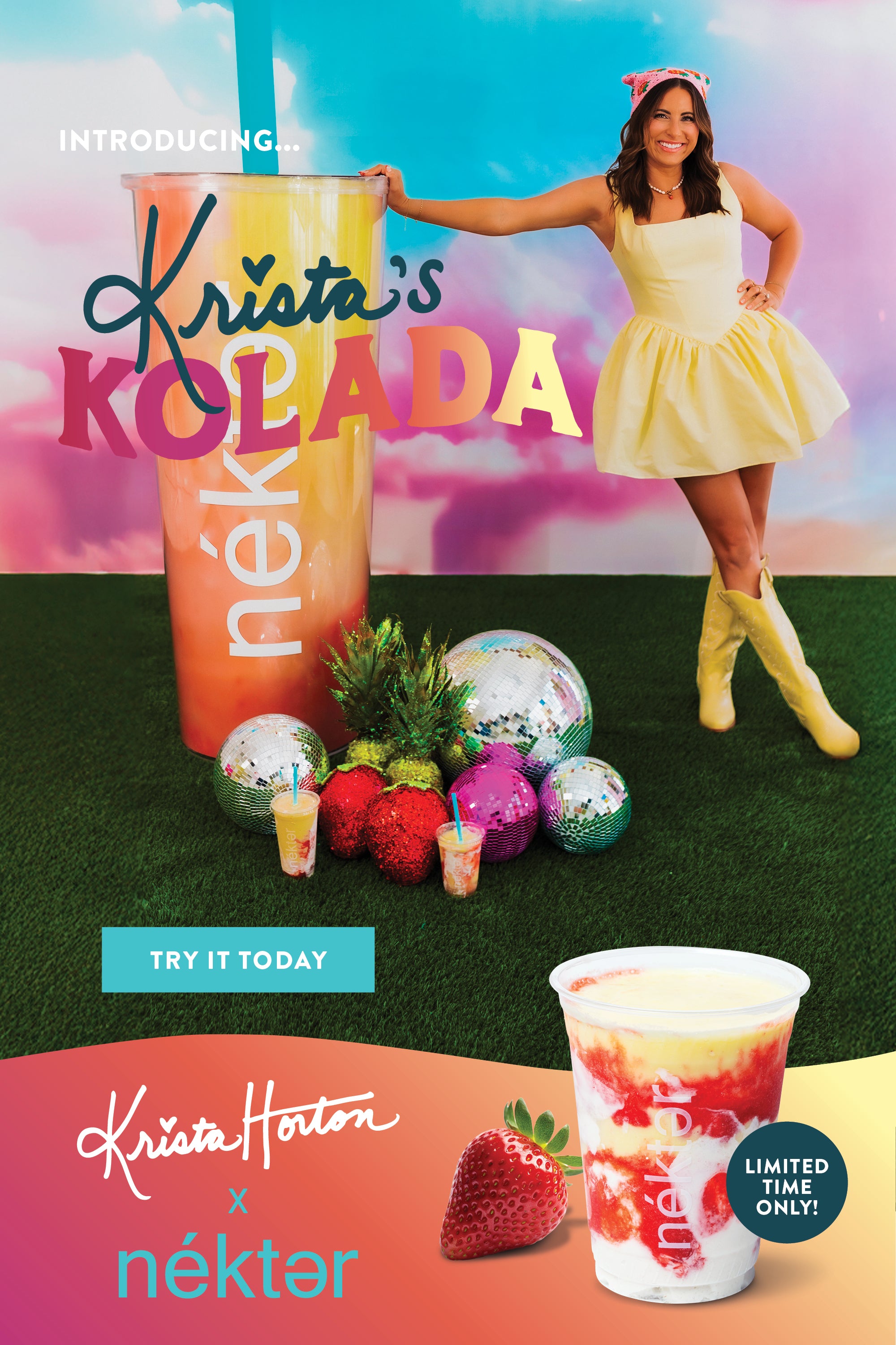 Promotional image for Krista's Kolada featuring a person in a yellow dress with colorful ornaments and a néktar drink.