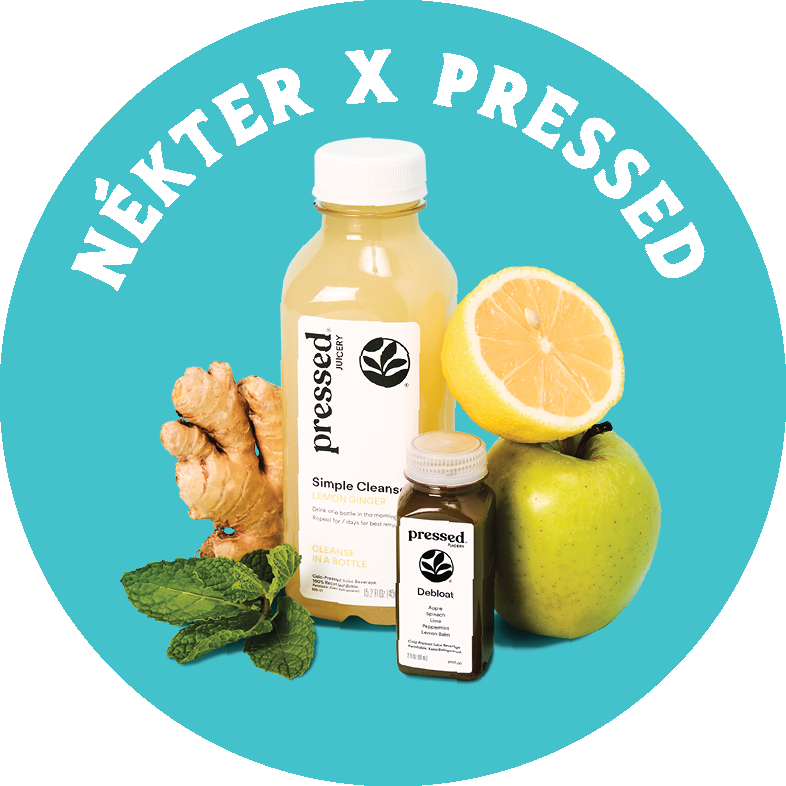 Nékter X Pressed juice bottles with lemon, apple, and ginger on a blue background