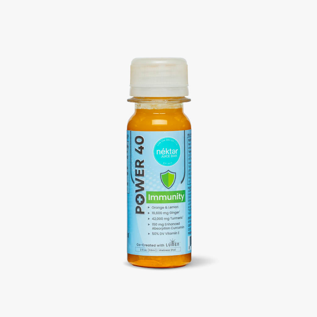 Bottle of Power 40 Immunity supplement with a white cap on a light gray background