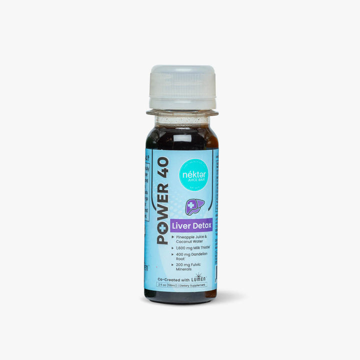 Bottle of Power 40 Liver Detox supplement on a white background
