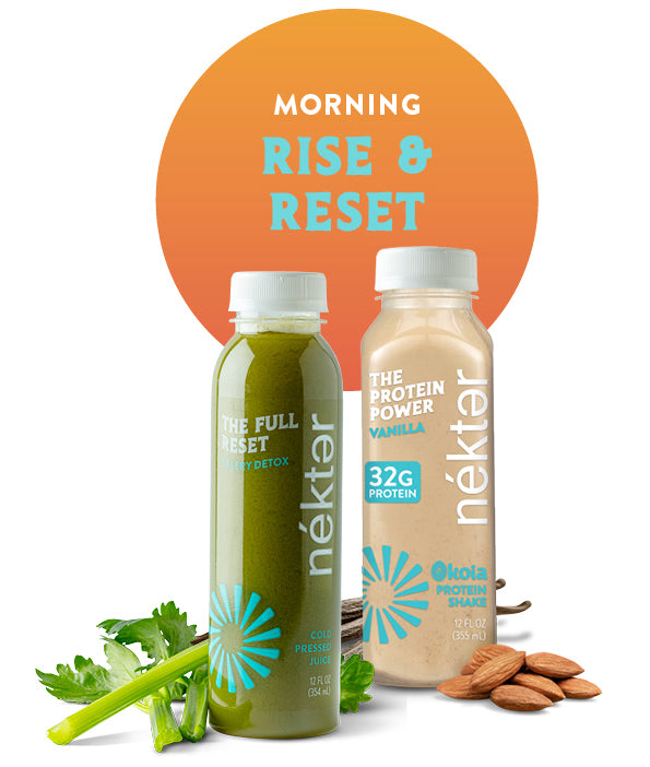 Two Nékter juice bottles with ingredients and promotional text on a white background