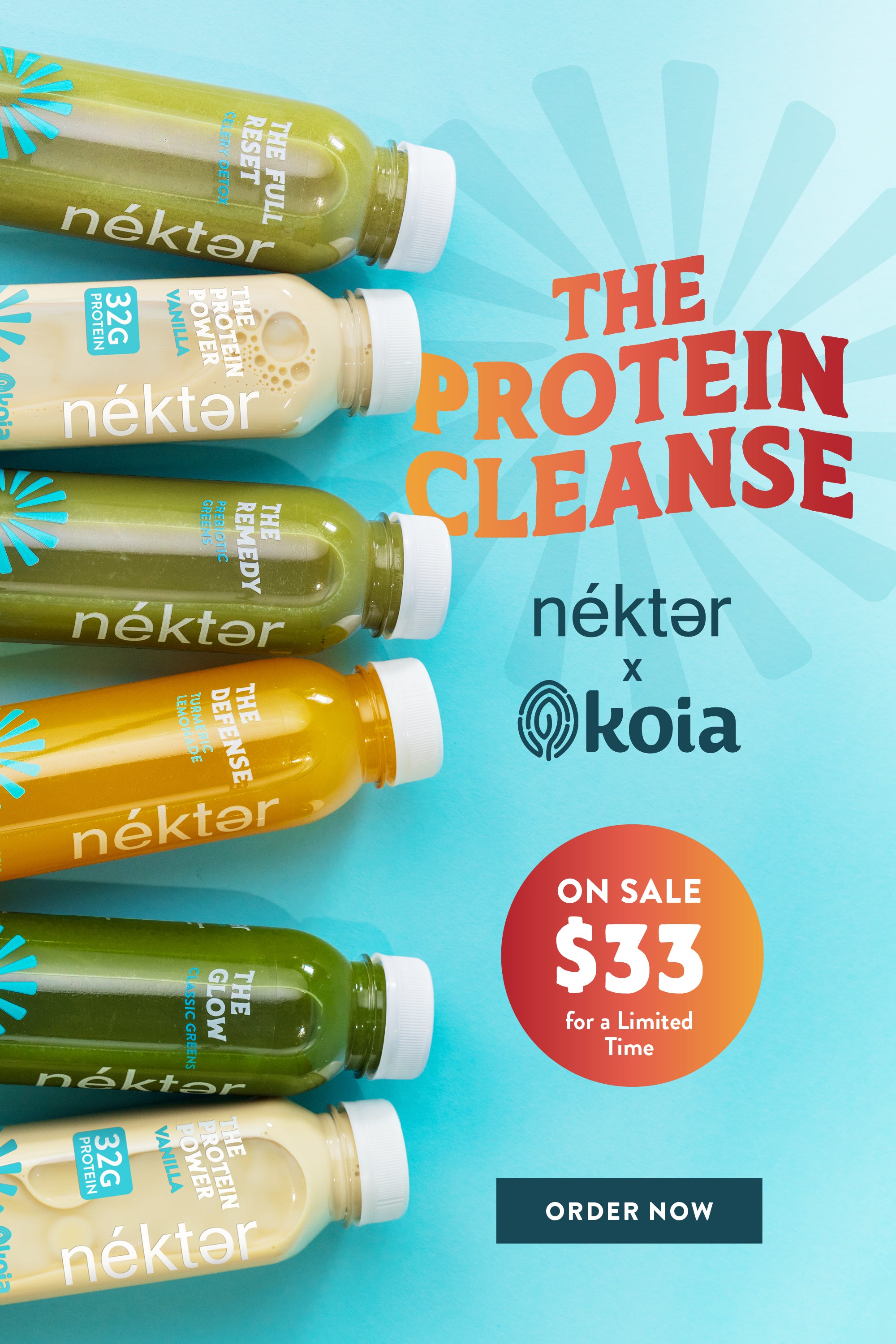 Promotional image of nékter juice bottles for 'The Protein Cleanse' with Koia on a blue background.