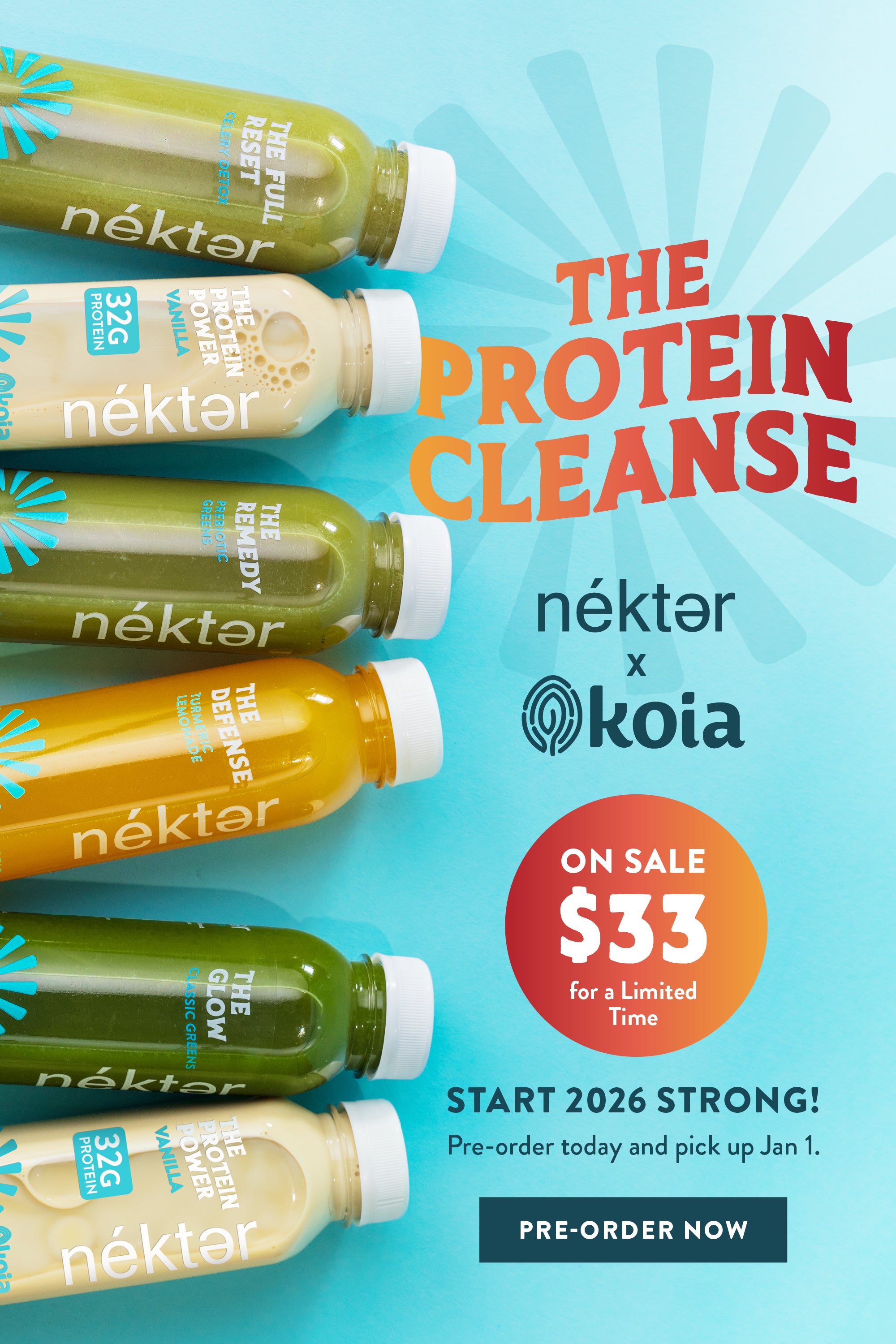 Promotional poster for nékter juice bottles with text about a protein cleanse offer.