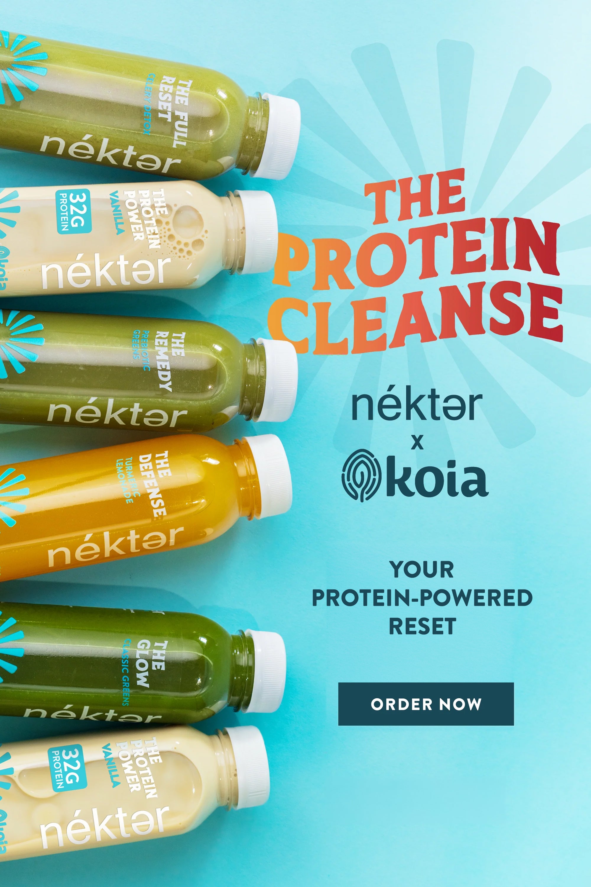 Néktor protein drinks on a blue background with promotional text for 'The Protein Cleanse' and 'okoia'.