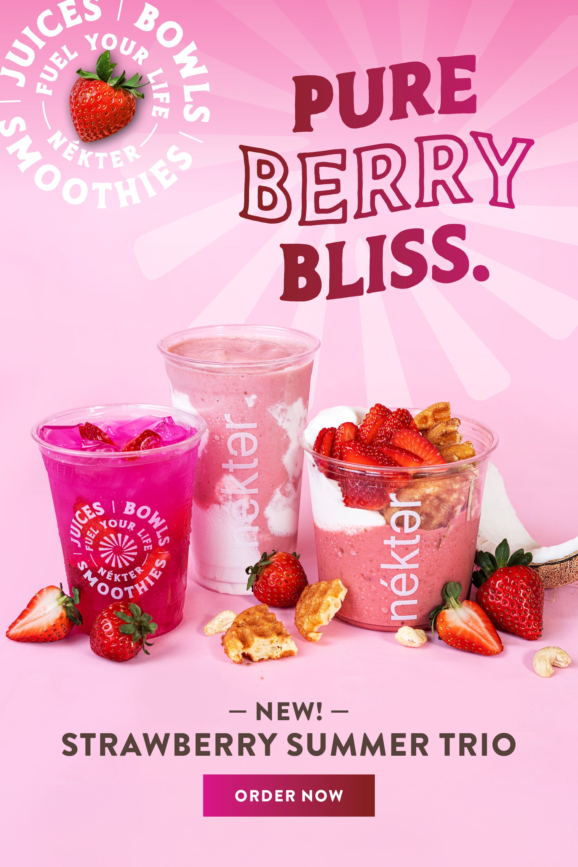 Promotional image of Nektar strawberry smoothies and bowls on a pink background with 'Pure Berry Bliss' text.