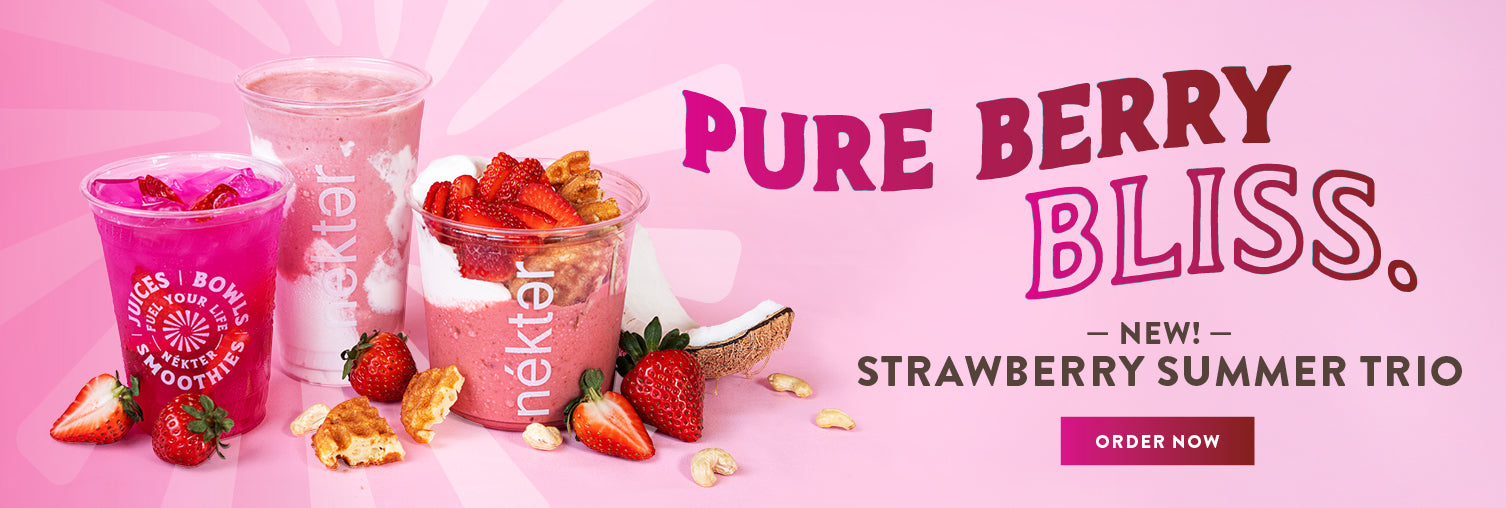 Promotional banner for 'Pure Berry Bliss' strawberry summer trio with netmums branding on a pink background.