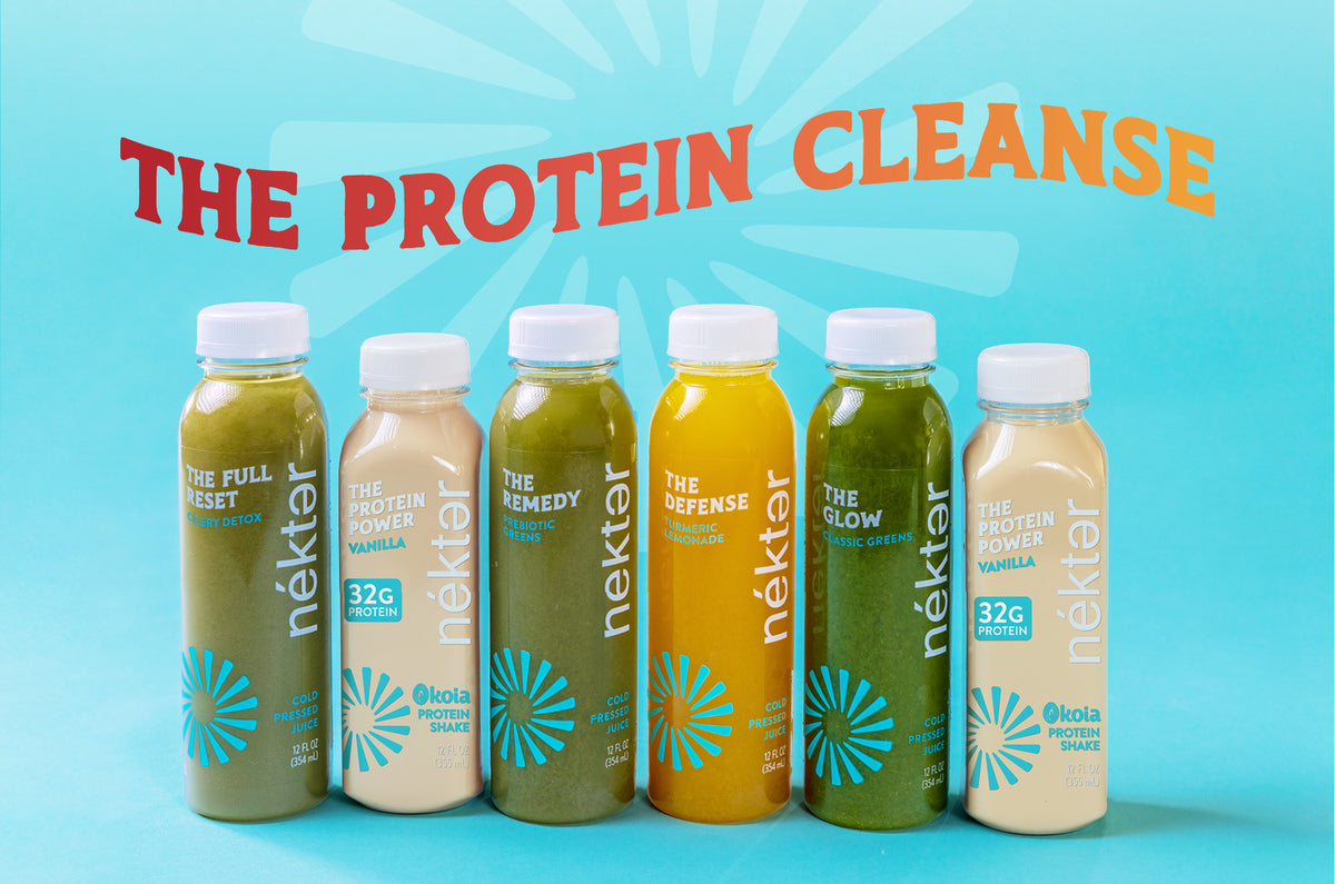 Nektar protein drinks in various flavors on a blue background with 'The Protein Cleanse' text.
