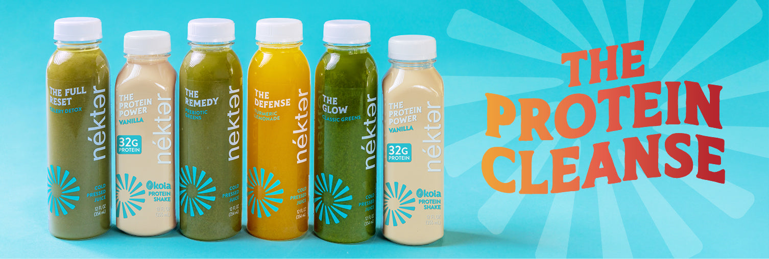 Row of Nekter juice bottles with a promotional banner for 'The Protein Cleanse' on a blue background.