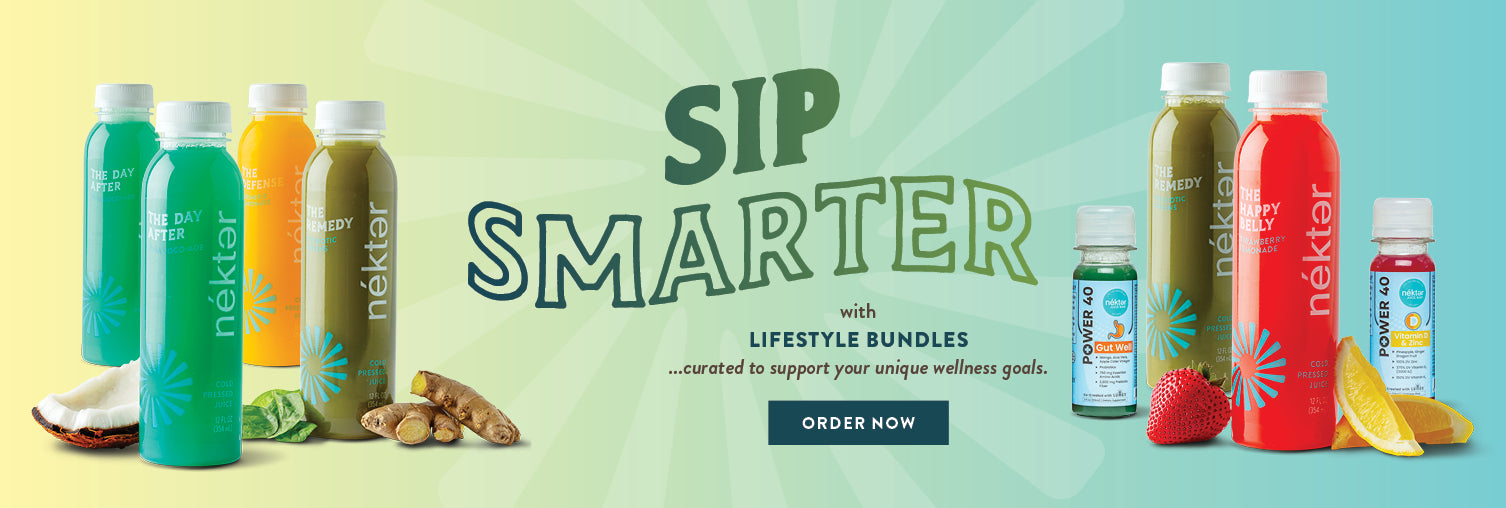 Sip smarter with Nekter lifestyle bundles showing 2 bottles and 2 shots