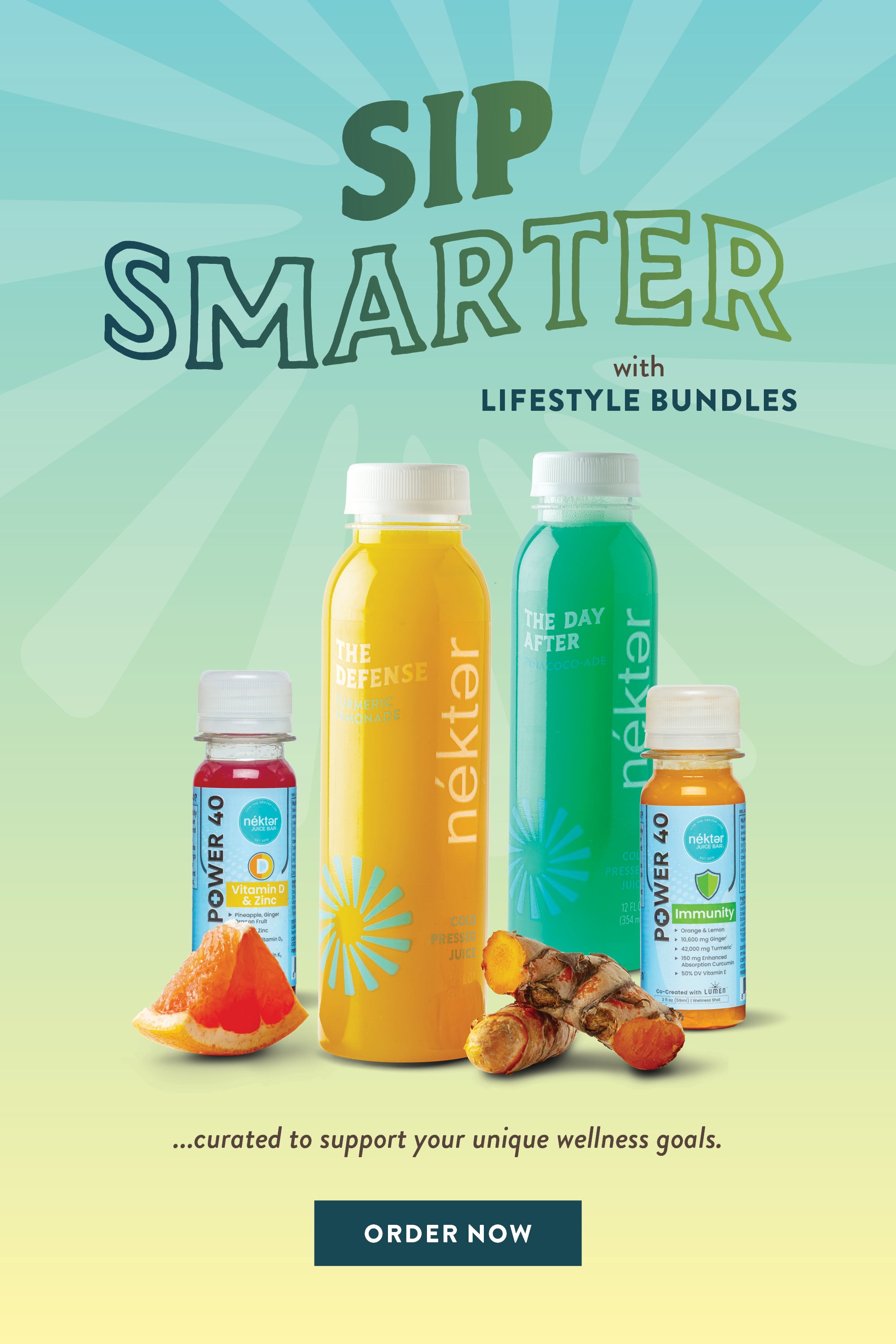 Sip smarter with Nekter lifestyle bundles showing 2 bottles and 2 shots