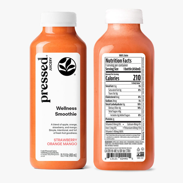 Two bottles of 'Pressed Juicery' Strawberry Orange Mango smoothie on a white background