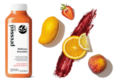 Orange smoothie bottle labeled 'pressed!' with fruits on a white background