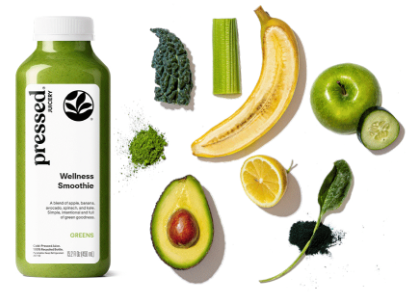 Green smoothie bottle labeled 'Pressed' with fresh fruits and vegetables on a white background