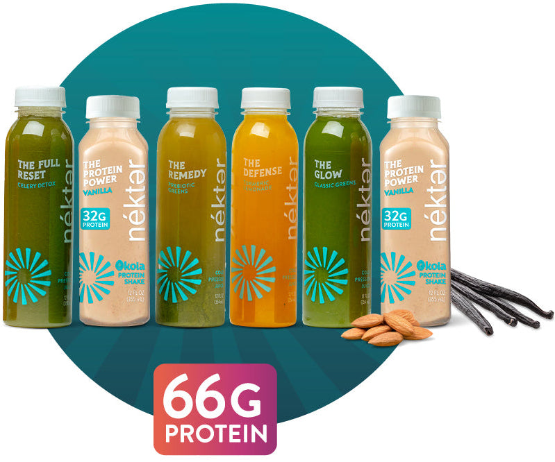 Néktar protein shake bottles with various flavors and vanilla beans on a white background