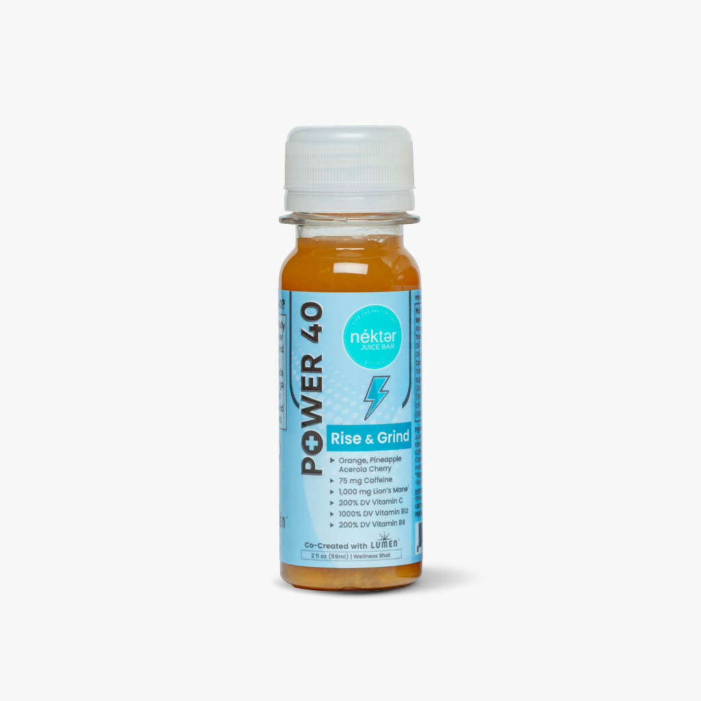 Bottle of Power 40 Rise & Grind supplement on a white background