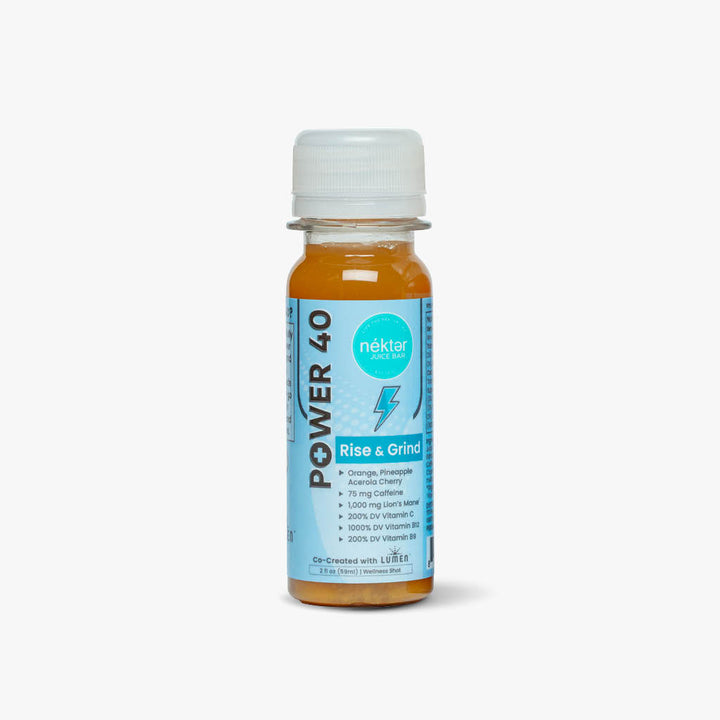 Bottle of Power 40 Rise & Grind supplement on a white background