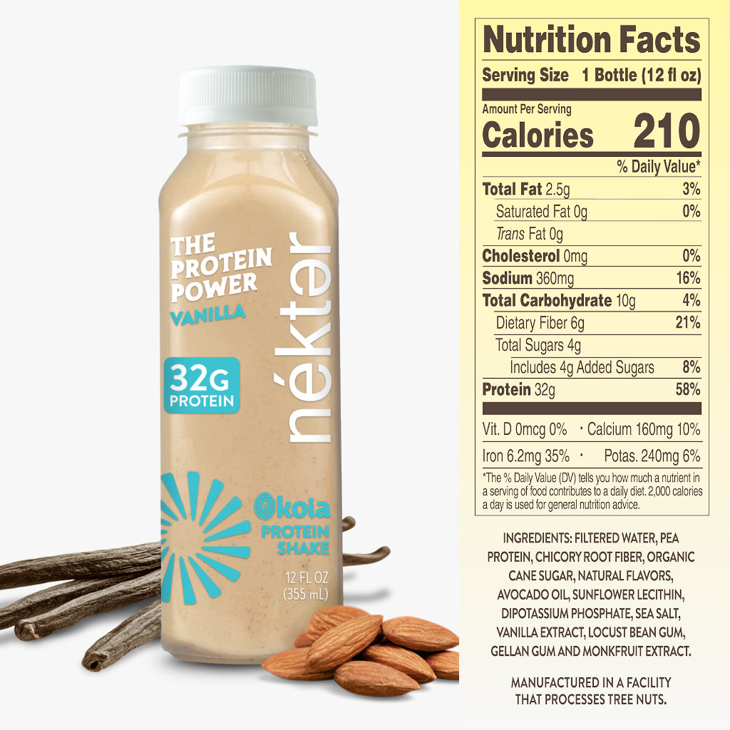 Nékter protein shake bottle with vanilla flavor, surrounded by vanilla beans and almonds, on a white background.