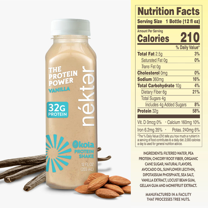 Nékter protein shake bottle with vanilla flavor, surrounded by vanilla beans and almonds, on a white background.