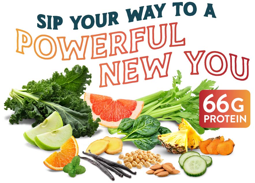 Vibrant display of fruits, vegetables, and protein sources with text promoting a healthy lifestyle.