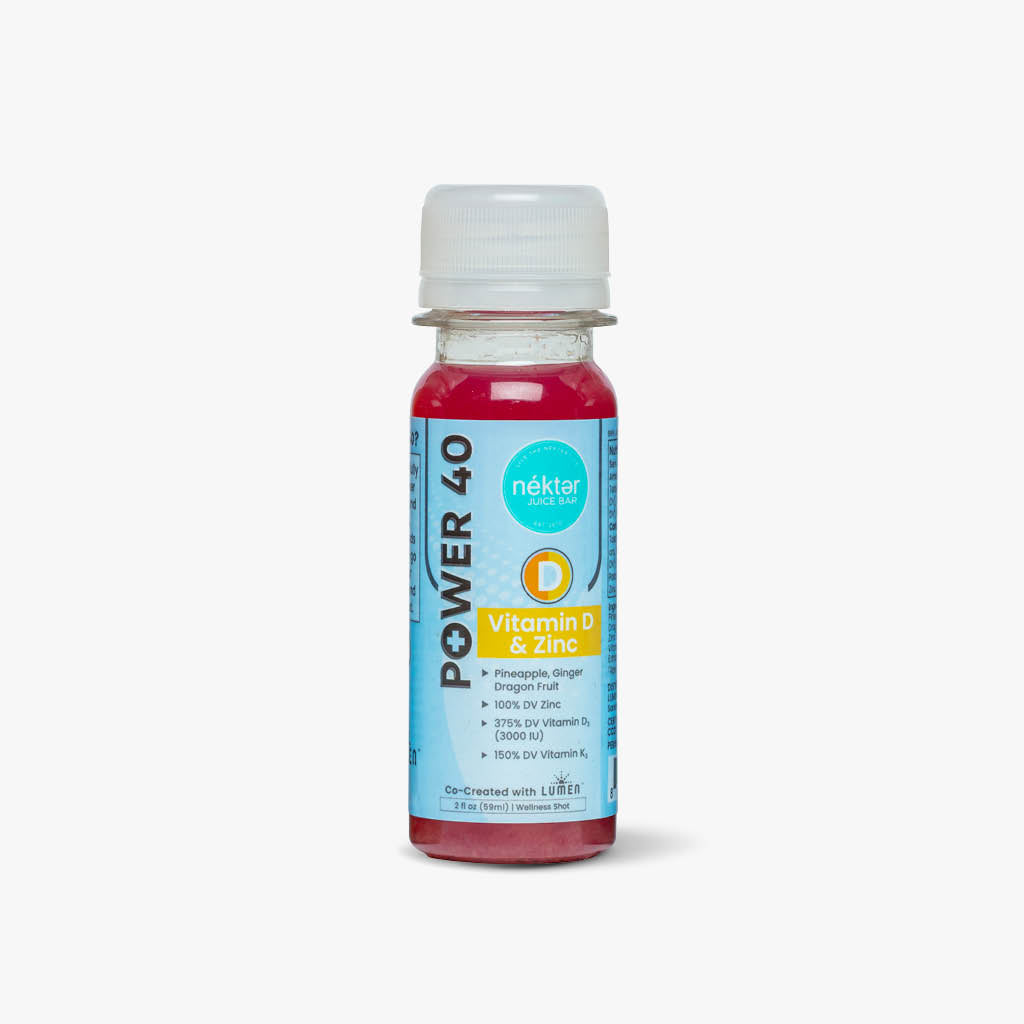 Bottle of Power Vitamin D and Zinc 40 supplement with a white cap on a light gray background