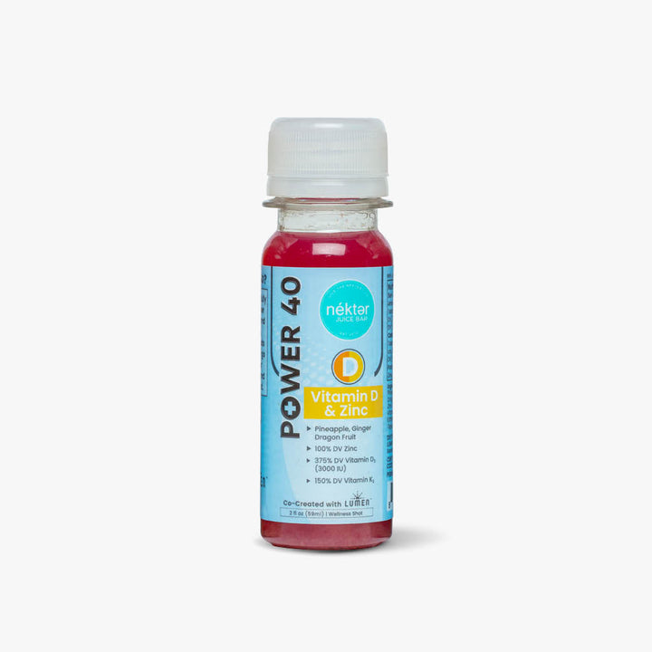 Bottle of Power Vitamin D and Zinc 40 supplement with a white cap on a light gray background
