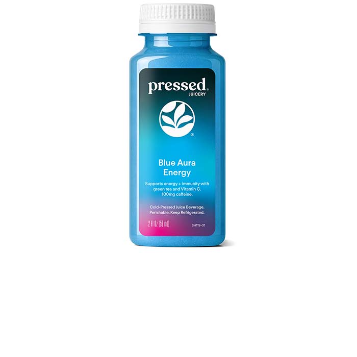 Blue bottle of 'Pressed' Blue Aura Energy on a white background
