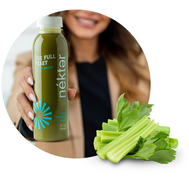 Smiling Woman holding a Fell reset celery detox bottle with celery image