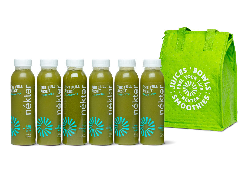 Set of six green smoothie bottles with a green tote bag featuring 'nékter' branding on a white background. celery detox bundle. 
