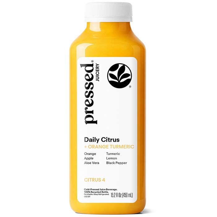 Juice bottle labeled 'pressed Juicery' with 'Daily Citrus + Orange Turmeric' on a white background