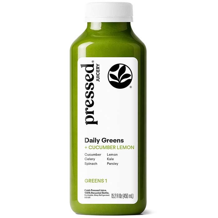 Juice bottle labeled 'pressed Juicery' with green juice on a white background