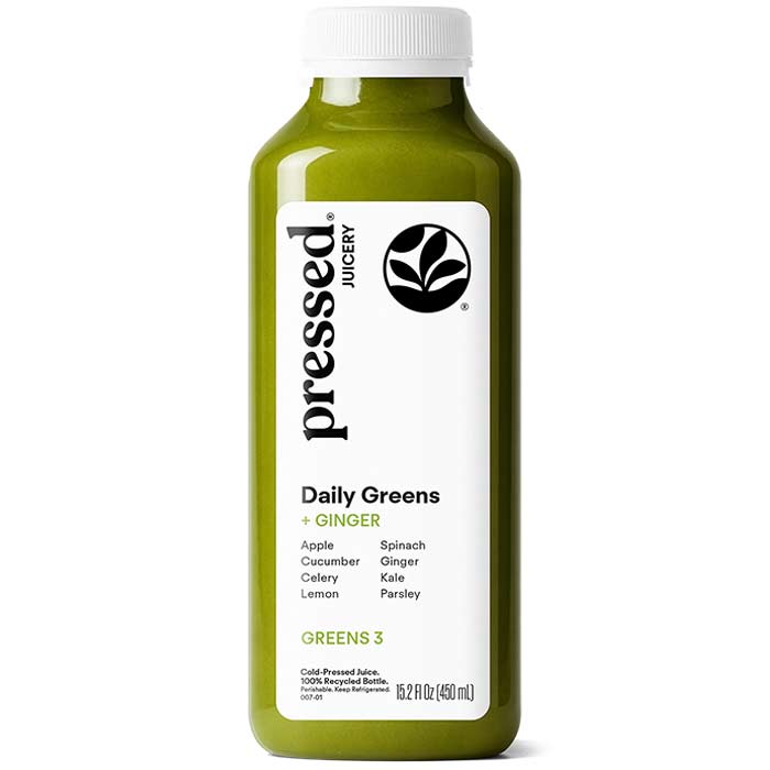 Bottle of 'pressed' Daily Greens + Ginger juice on a white background