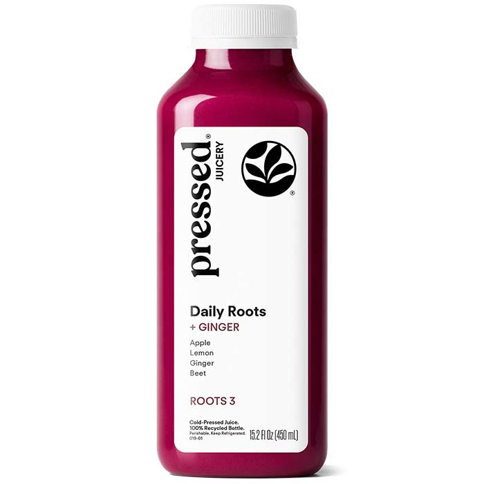 Juice bottle labeled 'pressed Juicery' with a white cap on a white background
