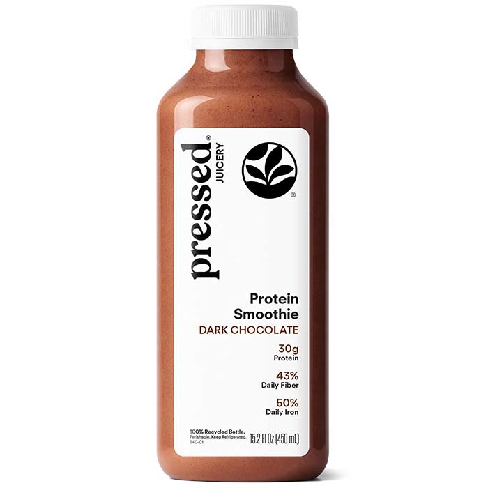 Bottle of pressed Juicery Protein Smoothie Dark Chocolate on a white background