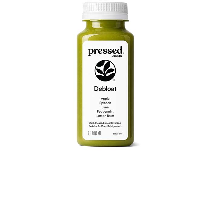 Bottle of 'Pressed Juicery' Debloat juice blend on a white background