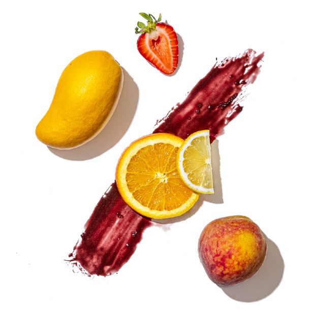Fruits including a mango, orange, lemon, strawberry, and peach on a white background with red paint strokes.