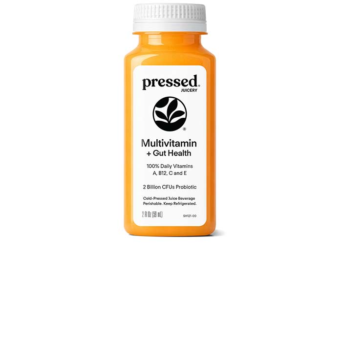 Orange bottle of Pressed Juicery Multivitamin + Gut Health on a white background