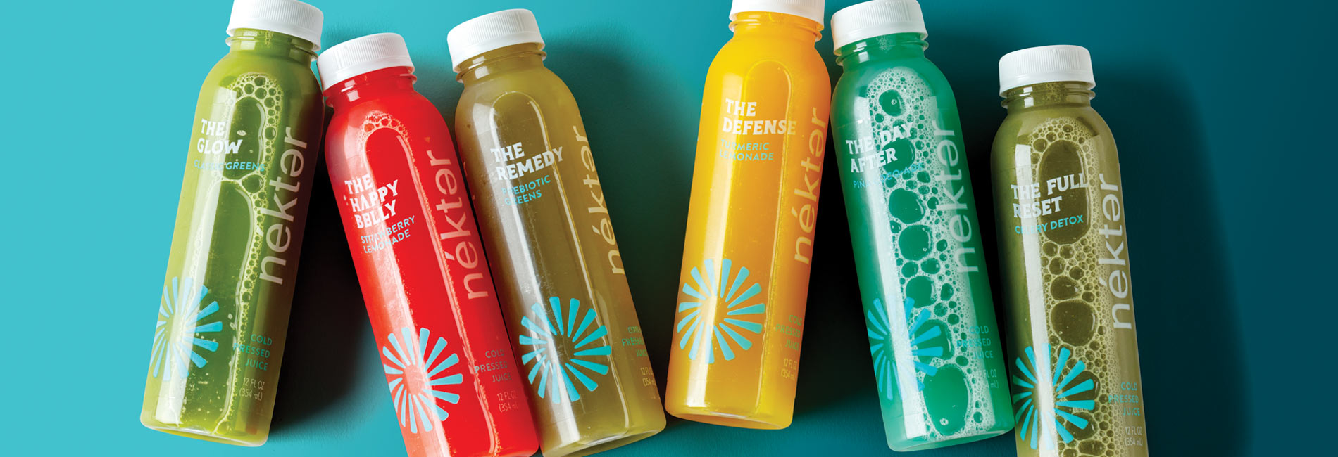 6 new nekter bottle juices - the glow, the happy belly, the remedy, the defense, the day after, and the full reset. 