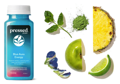 Blue bottle labeled 'pressed' with green apple, pineapple, and lime on a white background