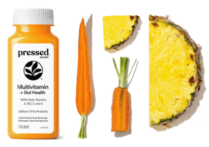 Multivitamin bottle labeled 'pressed' with a carrot, pineapple, and other fruits on a white background
